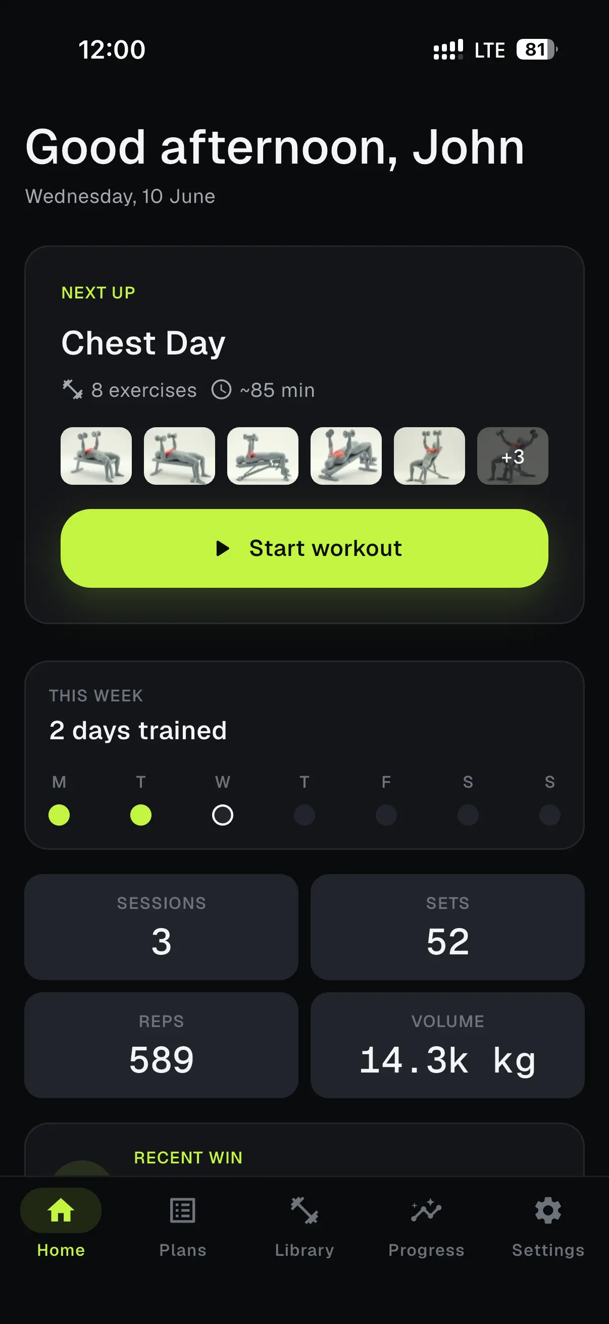The Kudora home screen showing the next workout in a rolling plan
